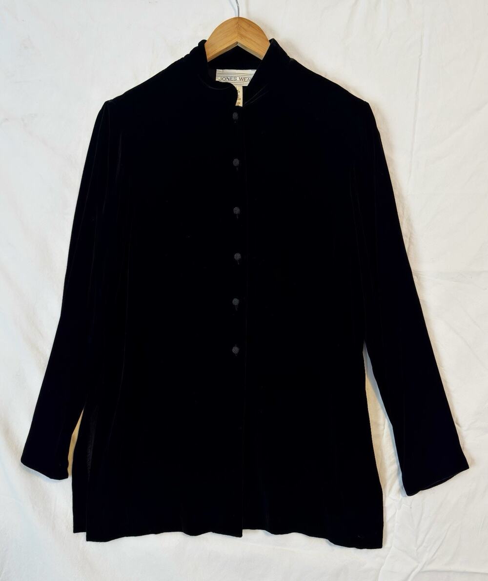 Vintage 90s Jones Wear Black Velvet Button Up Shirt Jacket Rayon/Silk Size 10